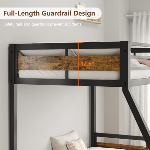Image of iPormis Metal Bunk Bed Twin Over Full, Heavy Duty Bunk with High Guardrail and Safety Entrance Design, Under-Bed Storage Space, Easy Assembly, Noise Free, Rustic Brown
