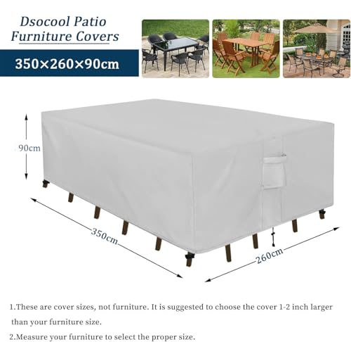 أغطية أثاث الفناء 600 دينير مقاومة للماء 100%، غطاء طاولة خارجي من قماش اوكسفورد شديد التحمل مع مقابض وفتحات وأبزيم مقاوم للأشعة فوق البنفسجية من دسوكول، لون فضي، مقاس 3.5 م × 2.6 م × 90 سم