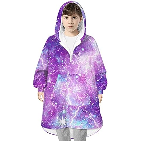 YEASQGS Galaxy Wearable Blanket Sweatshirt Hoodie for Girl Boy Teens Snuggly Sherpa Oversized Double Fleece Plush Cartoon Hooded Top with Warm Front Pocket Cover