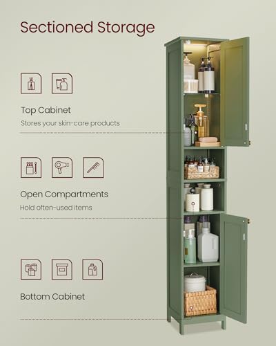 Image of VASAGLE Tall Storage Cabinet with Lights, Slim Freestanding Cabinet with Adjustable Shelves, for Small Spaces, Bathroom, Living Room, Modern, 11.8 Inches Wide, Forest Green UBBC566C01