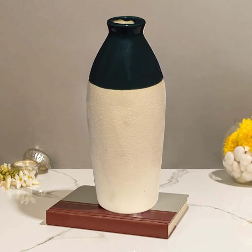 Image of Pure Source India Handcrafted Dark Green Ceramic Bottle-Shaped Flower Vase (9.75 Inches) for Home Decor, Living Room, Gifting, Decorative Small Vase (Flower NOT Included)