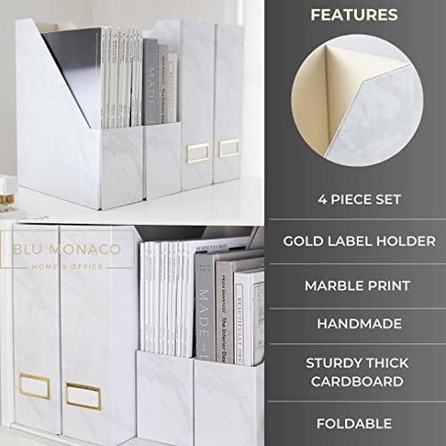 BLU MONACO Set of 4 Magazine Holders | White Marble Design with Gold Label Holders | Foldable File Organizer Boxes for Desk, Office & Classroom | Stylish Paper & Magazine Storage - Image 6