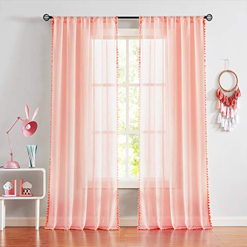 Treatmentex Pompom Blush Pink Sheer Curtains for Nursery Room 72" Coral Color Window Curtain Panels for Bedroom Studio Salon 2pcs - Thumbnail 2