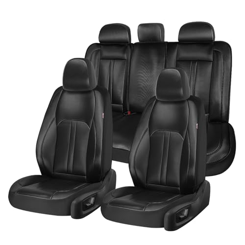 Image of Coverado Leather Car Seat Covers Full Set & Carbon Fiber, Waterproof and Durable All Weather Protector, Universal Fit for SUV, Pickup Truck, Sedan, Automotive Vehicle Interior, Black