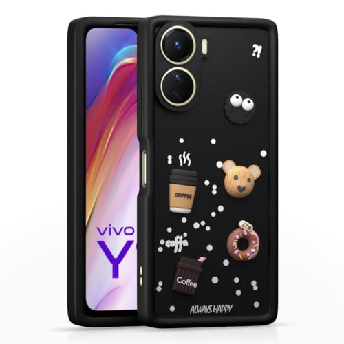 Image of Bintage Cute Fun Taddy Cartoon 3D Ball Bear Milk Donut Coffee Cup Silicon Case Full Body & Camera Protection Back Cover Compatible for Vivo Y16 - Black