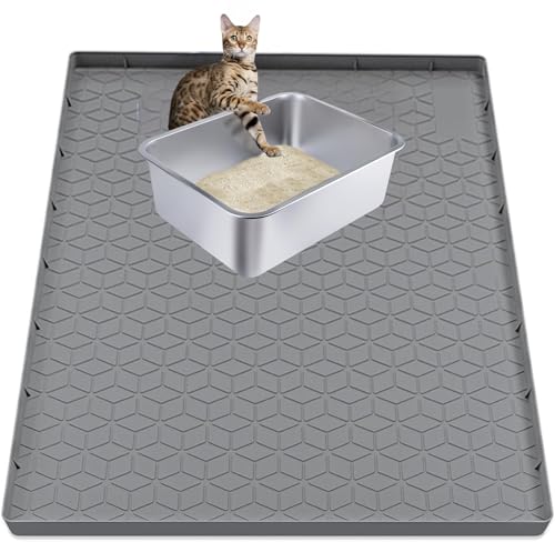 Large Cat Litter Mat, 34" X 22" (86x56cm) Silicone Cat Mat for Litter Box, Waterproof Litter Trapper with Raised Edge, Anti-Track Kitty Litter Box Liner for Hard Floors, Easy to Clean, Grey