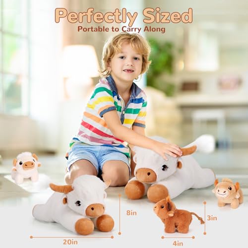 Image of 4 Pieces Highland Cow Stuffed Animals - 1 Mommy Stuffed Highland Cow with 3 Babies - White Cow Gifts for Girls Age 3-8, Cows Plush Toys for Christmas, Valentine's, Birthday Gifts (White)