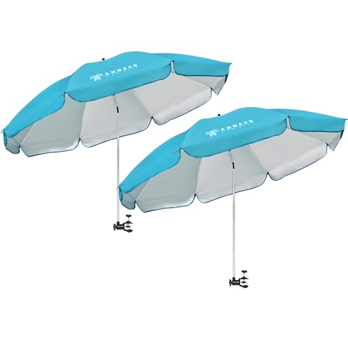 Image of AMMSUN XL Chair Umbrella with Universal Clamp Adjustable 47 inches and 360-degree Swivel UPF 50+, Portable Clamp on Camping or Beach Chair, Stroller, Wheelchair, Golf cart, Bright Blue, 2 PACK