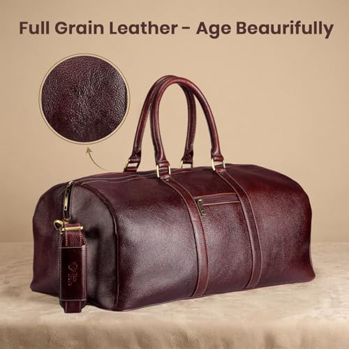 Image of Full Grain Genuine Leather Travel Duffel Bag 55L Premium Weekender Bag for Men Leather Overnight Bag with Shoulder Strap Travel Luggage (Brown)