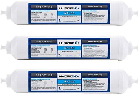 Hydronix ICF-10Q/3 Inline Post Activated Carbon Water Filter Replacement Cartridge with 1/4-Inch Quick Connect for Refrigerator, Ice Maker, RO Reverse Osmosis System, 2000 Gallons (3 Pack)