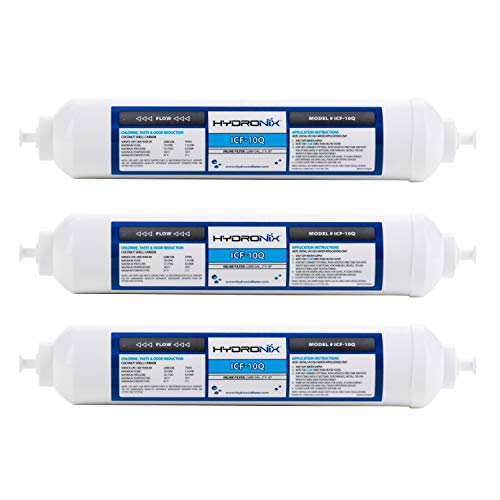 Hydronix HX-ICF-10Q/3 Inline Reverse Osmosis Post Fridge & Ice Coconut GAC Water Filter 2000 Gal, 1/4" Quick Connect-3 Pack, White, 3 Count (Pack of 1)