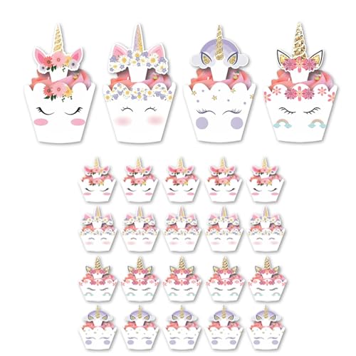Juego de 24 adornos para magdalenas de unicornio, decoración de tartas, decoración de cumpleaños, decoración de cupcakes para bodas, postres (rosa)