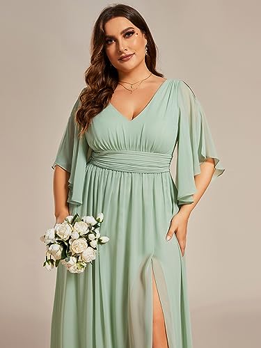 Image of Ever-Pretty Plus Women's Plus Size V Neck Half Sleeves Slit A Line Floor Length Bridesmaid Dress 01886-DA