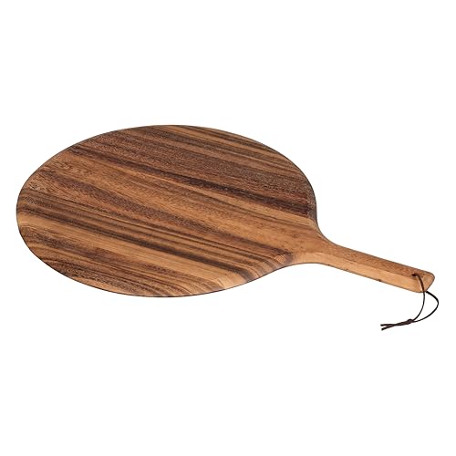 Tala Paleta redonda grande para pizza con lazo de cuero, madera de acacia natural, ideal para servir, cortar y mostrar muchos alimentos, especialmente pizza y productos horneados, el área de la paleta