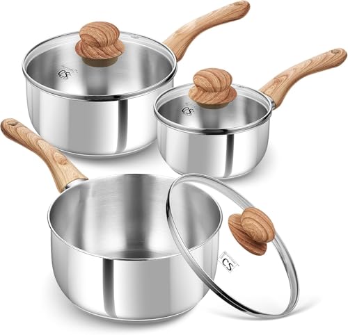 KOCH SYSTEME CS 1+2+3 Quart Stainless Steel Sauce Pan Set with Lid, 6 Piece 16+18+20 cm Stainless Steel Pot with Heat-Resistant Bakelite Handle, Tri-ply Base Pots, Sauce Pan Induction Ready