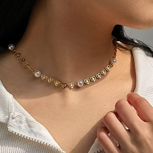 Cowlyn Love Heart Choker Necklace Link Pearl 18K Gold Infinite Elegant Forever Short Chain Dainty Cute Statement Valentine's Day Gift Jewelry Women And Teen Girls #TOP1