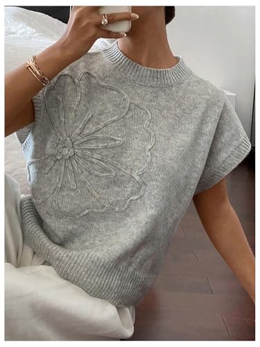 SOLY HUX Women's Ribbed Sweater Crew Neck Short Sleeve Loose Fit Floral Knit Pullover Tops4