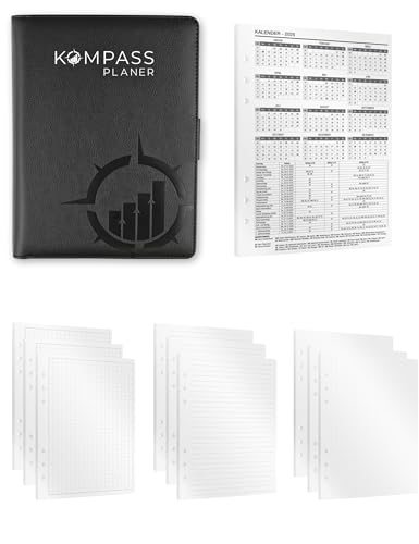 KOMPASS® Ringbuch A5 Nachfüllbar | Notiz-Set inkl. 275 Einlagen | Notizbuch Nachfüllbar Ringordner A5 Binder inkl. Notizen, To-Do-Liste, Linierte, Karierte & Gepunktete DIN Papier