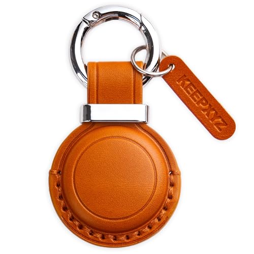 KEEPXYZ AirTagキーチェーンホルダー用本革 – エアタグキーチェーンリングフォブバックパック荷物アクセサリー用保護エアタグホルダーケースカバー - ブラウンの商品画像（Amazon）