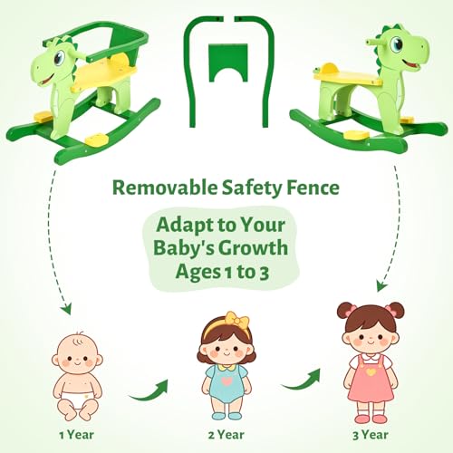 Image of FUNLIO Wooden Dinosaur Baby Rocking Horse Ages 0.5-3, Cute Baby Rocking Horse with Removable Fence & Backrest, Easy to Assemble Toddler Wooden Rocking Horse, CPC & CE Certified - Green