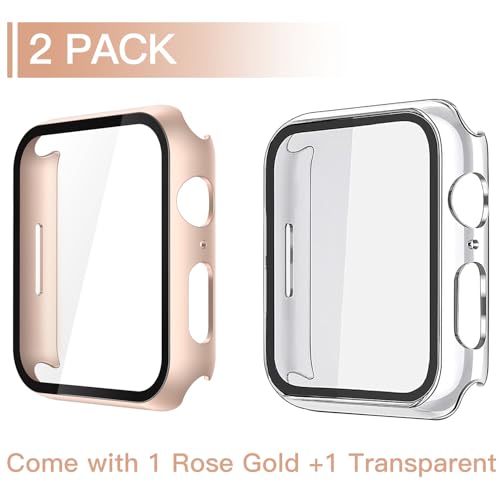 Image of Misxi 2 Pack Tempered Glass Case Compatible for Apple Watch SE 3 (2025) SE 2 SE Series 6 Series 5 Series 4 44mm, Hard PC Screen Protector Protection Cover for iWatch, 1 Rose Gold + 1 Transparent