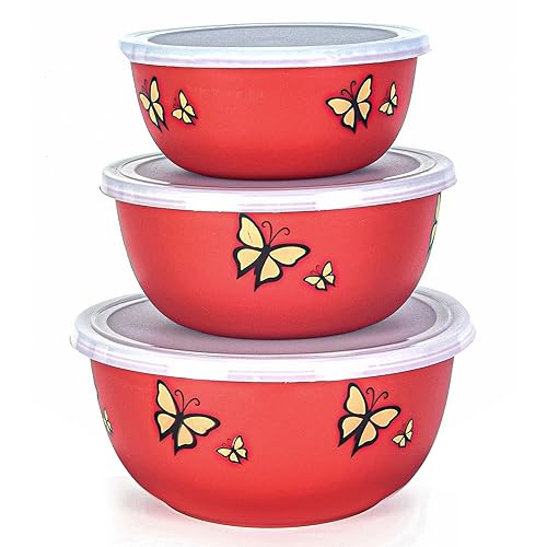 Image of Zaib Stainless Steel Microwave Safe Euro Mixing Bowl Set with Lid | Pack of 3 (14cm,16cm,18cm) | 500ml, 750ml, 1250ml | Snap-Fit White Lid (Red Butterfly 3)