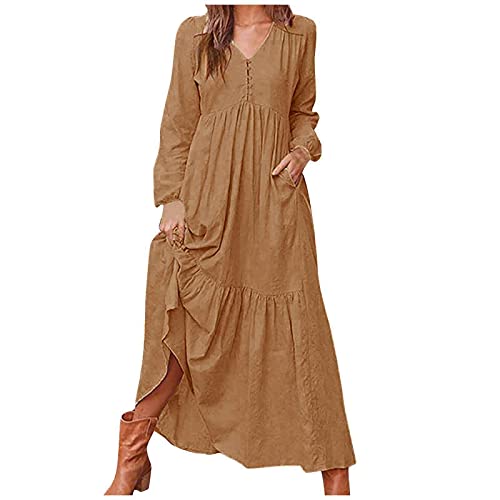 Vestido feminino longo casual com botão de algodão e cânhamo de manga comprida maxi vestido longo fe