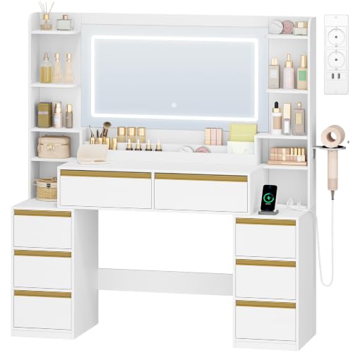 HEXCELEN 135 cm Tocador Grande, Tocador de Maquillaje con Luz LED, Grande Espejo, Mesa de Maquillaje con Prácticas Tomas de Corriente, 8 Cajones, Estantes Abiertos Mesa, Blanco-Dorado