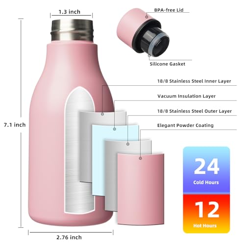 Image of BJPKPK Insulated Water Bottles, 12oz Stainless Steel Metal Water Bottle with Strap, BPA Free Leak Proof Jugs, Mugs, Flasks, Reusable Thermal Flasks for Sports & Travel, Light Pink