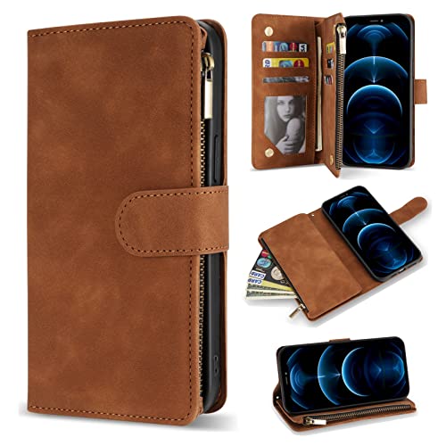 ZZXX for iPhone 12/12 Pro Wallet Case Zipper Pocket 6.1 inch,Brown - image 1