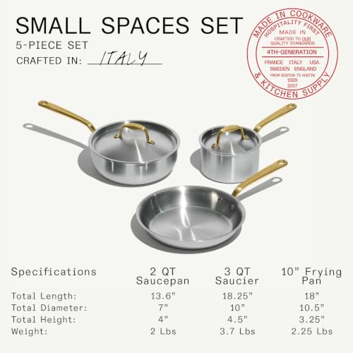 Image of Made In Cookware - 5 Pc Stainless Steel Cookware Set (Antique Brass Handle) - 5 Ply Clad - Includes Stainless Steel Frying Pan, Saucepan and Saucier with Lid - Professional Cookware - Crafted in Italy