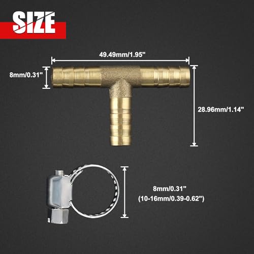 GOLD DEER 2PS 5/16" 3 Ways Hose Barb Reducer with 6 PCS Hose Clamp Brass Barb Tee Fittings ID Hose Pipe Fitting T-Shaped 3 Way Union Intersection Fitting Barbed Tee Connector for Oil Water Air - Image 3