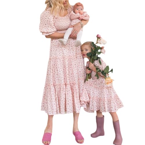 Mommy and Me Dresses Puffy Sleeve Summer Boho Ruffle Maxi Dress Mother Daughter Matching Outfits Mom and Baby Dresses