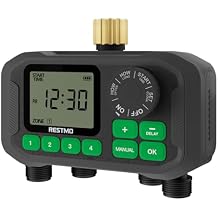 RESTMO Sprinkler Timer for Outdoor Hose Faucet 4 Zone, Up to 11h59m Programmable Watering Timer for Soaker Hose, Misting with Brass Inlet & Large Dial, Rain Delay/Manual/Automatic Irrigation System