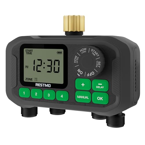 RESTMO 4 Zone Brass Inlet Sprinkler Hose Timer with Large Dial, Water Timer for Garden Hose with Rain Delay/Manual Mode, 11 Hours 59 Minutes Max Watering, Automatic Drip Irrigation System for Lawn