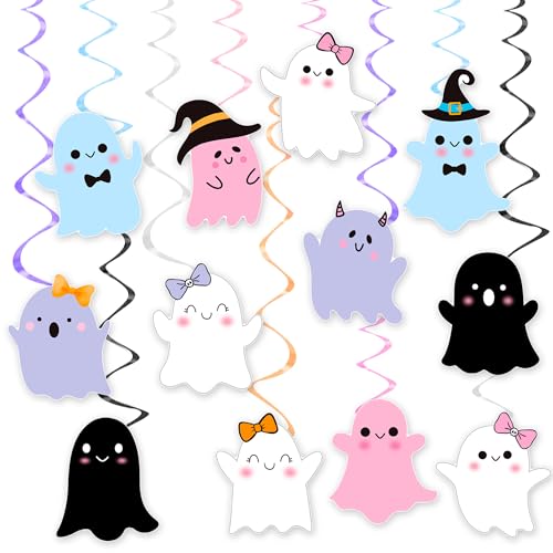 Pastel Ghost Hanging Swirls Halloween 24PCS Ghost Hanging Decorations Halloween Baby Shower Decorations Lovely Ghosts Ceiling Cutout Streamers for Girls Birthday Party Supplies