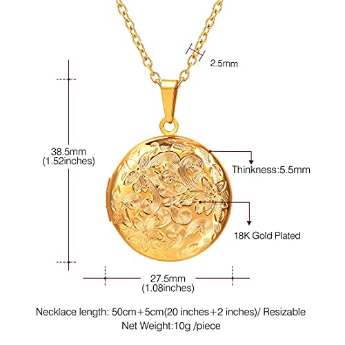 U7 Round Locket Jewelry Memorial Necklace 18K Gold Plated Flower Engraved Photo Locket Pendant Necklaces, Chain 22 Inch - Thumbnail 5