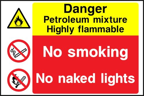 Image of PROFILESIGNS.CO Danger Petroleum Mixture No Smoking Sign - BS EN ISO 7010:2020 - Self-Adhesive Vinyl, Rigid PVC, Aluminium - 200x150mm, 300x200mm, 400x300mm, 600x400mm