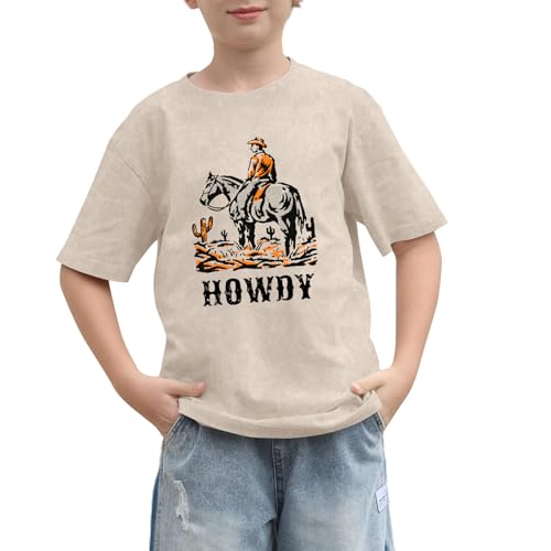 VikkBiss Boys Howdy Shirt Rodeo Western Graphic Letter T-Shirt Kids Toddler Funny Cowboy Country Acid Wash Tees Tops(Apricot 7-8Years)