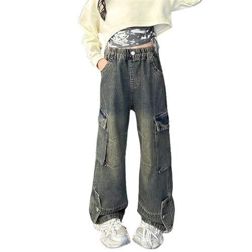 Girls Baggy Cargo Jeans Pocket Kids Hip Hop Denim Pants Patchwork High Waisted Wide Leg School Trendy Trousers