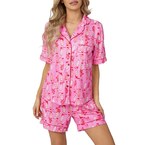 Image of Yiulangde Cowboys Boot Pajamas for Women Y2k 2 Piece Heart Bow Preppy Pjs Coquette Short Sleeve Shirts Matching Pj Shorts Set