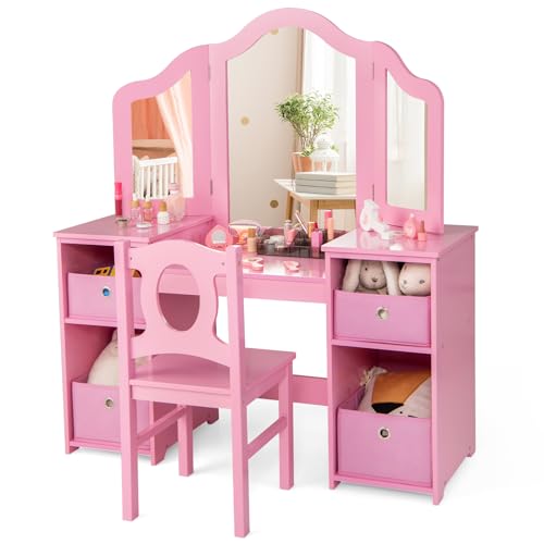 INFANS Kids Vanity, Princess Makeup Desk and Chair Set with Lights Mirror Drawer Storage Shelves, Wooden Dressing Table, Pretend Play Vanity Set for Toddler Girls (Pink with Cloth Drawer)