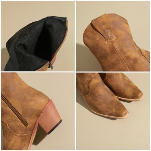 Women's Fashion Walking Ankle Boots Side Zipper Square Toe Block Heel Western Cowboy Low Chunky Leather Booties3