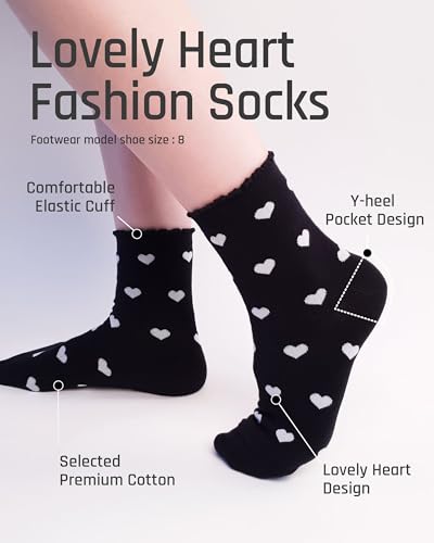 CUTIE MANGO 3 Pairs Heart Pattern Quarter Crew Lovely Design Socks For Women -Cute Cotton Womens Socks for Size 6,7,8,9,103