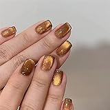 ネイルチップショート 秋冬 3D爪 ネイルプレス 手作りカラーネイル キャッツアイネイル24枚入 繰り返し使える 結婚式ネイルチップ かわいい ネイルチップ 人気 花嫁ネイル 光沢 レディース ギフト (ブラウン)