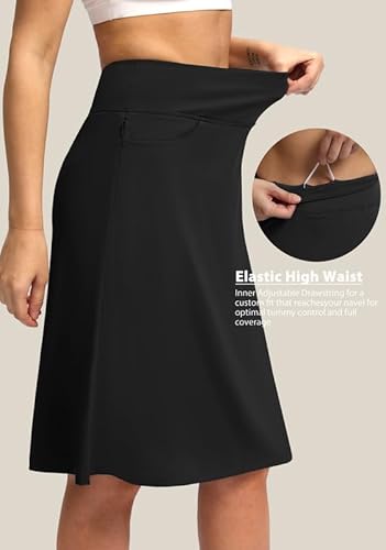 Viodia 25 Inch Knee Length Skorts Skirts For Women With Zipper Pockets Stretchy Modest Aline Midi Skort For Casual Summer Travel Black thumb #3