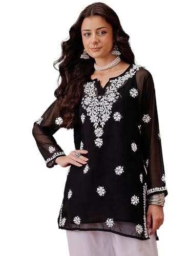 Image of Ada Women's & Girl's Georgette Hand Embroidered Lucknow Chikankari Regular Fit Short Kurti Top with Slip A911300