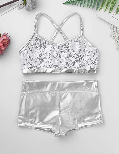 Agoky Kids Girls' Top and Booty Shorts Ballet Dance Gymnastics Sports Leotard or Swimwear Swimming Costumes Silver Shiny 7-8
