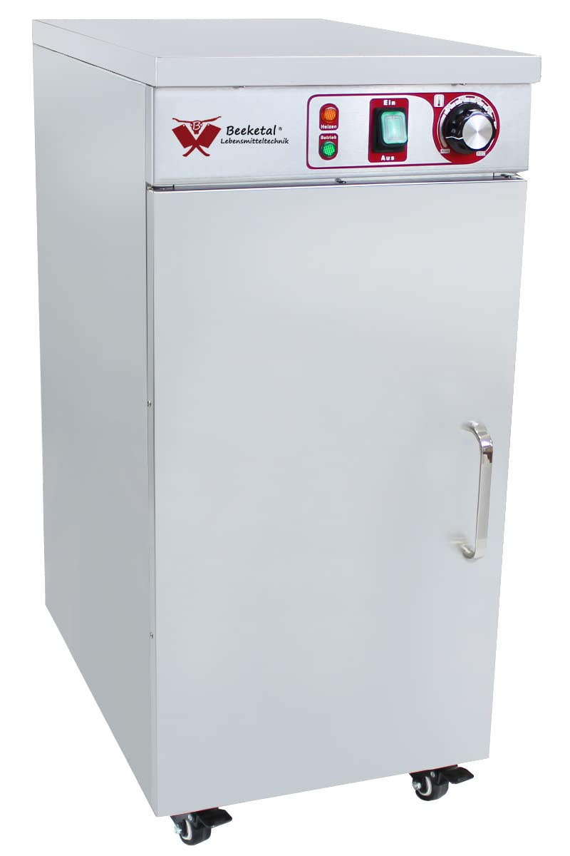 Beeketal 'BTW-60' Profi Gastro Edelstahl Tellerwärmer elektrisch mit 3 Einlegeböden, Temperatur stufenlos ca. 30-85 °C einstellbar, mobiler Wärmeschrank 1-türig auf Rollen mit Feststellbremse