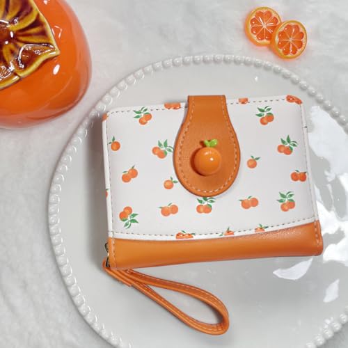 Image of Cute Print Wallet Blueberry Strawberry Cherry Wallet with Credit Card Slot Zipper Coin Pocket for Women Girls (ORANGE)